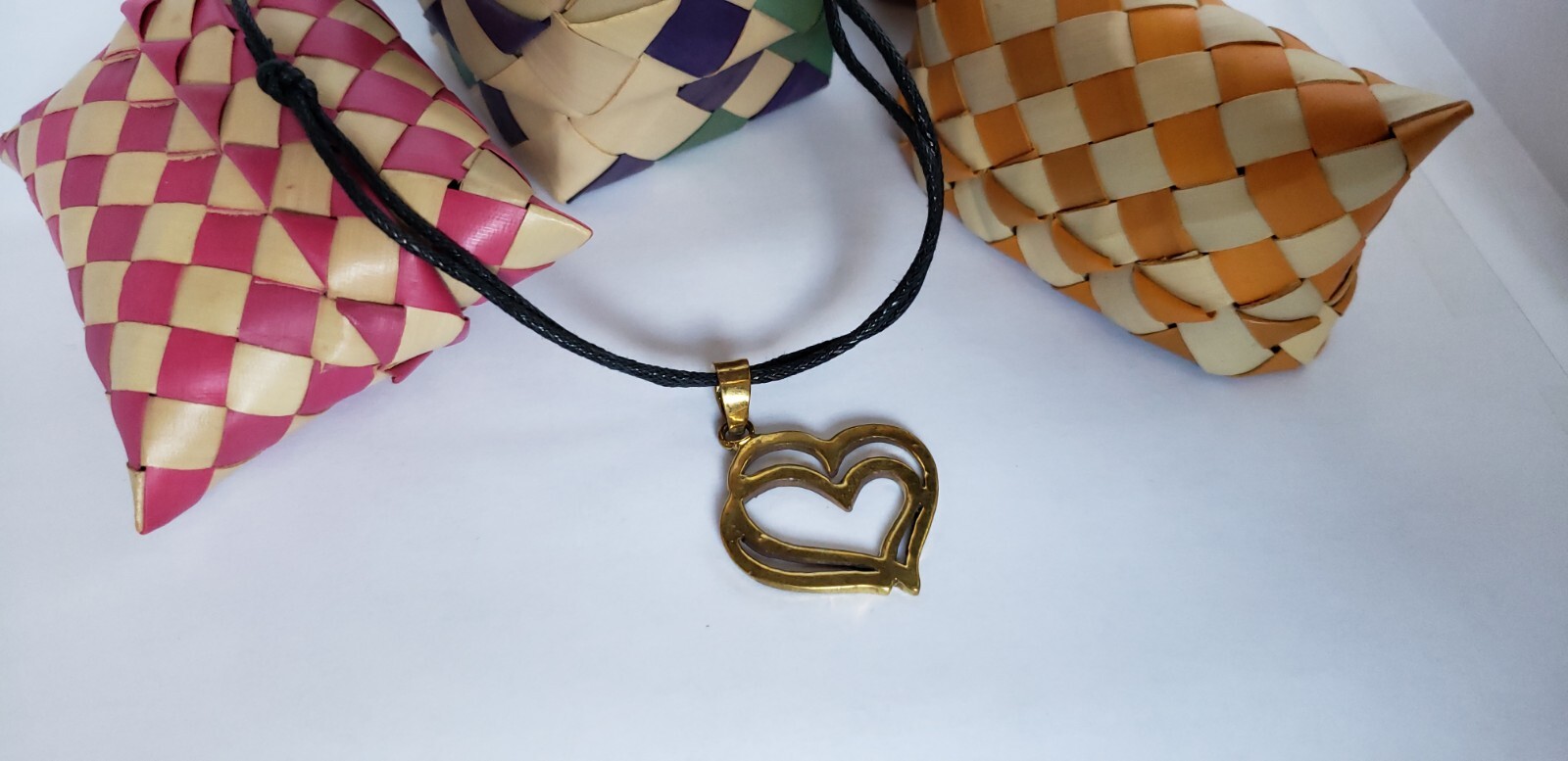 Handmade Southeast Asia Cambodia Intertwined Hearts pendant necklace jewelry