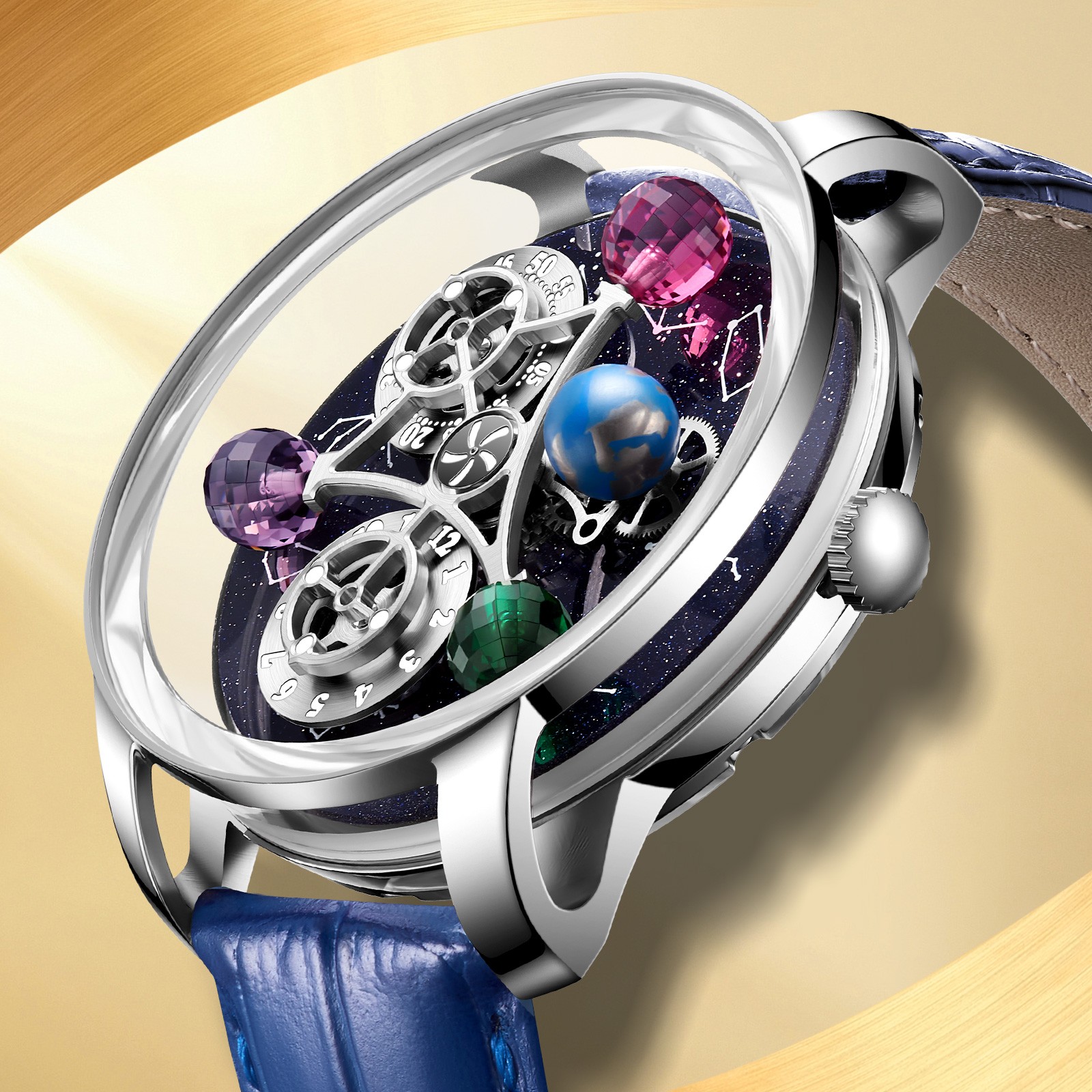 ‌PINDU Men’s Automatic Mechanical Watch Waterproof Leather Strap Unique Starry