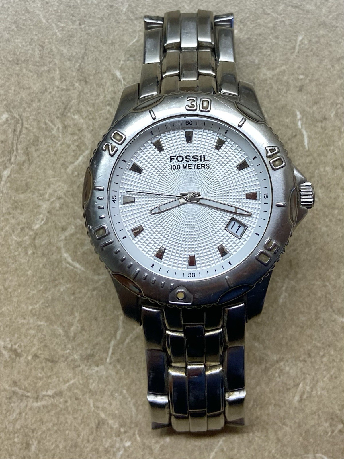 Fossil Blue AM3857 Men’s Silver SS Dial Quartz Watch White NEW Battery 6 1/2″