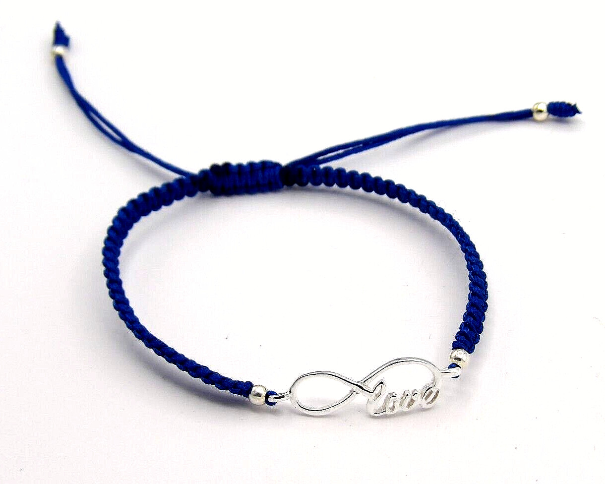 Hand made Solid .925 Sterling Silver Infinity Blue Cotton Braided Adjustable