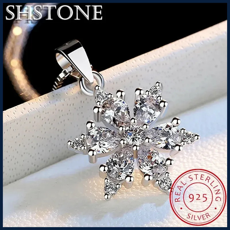SHSTONE 925 Sterling Silver AAA Zircon Snowflake Pendant Necklace for Women