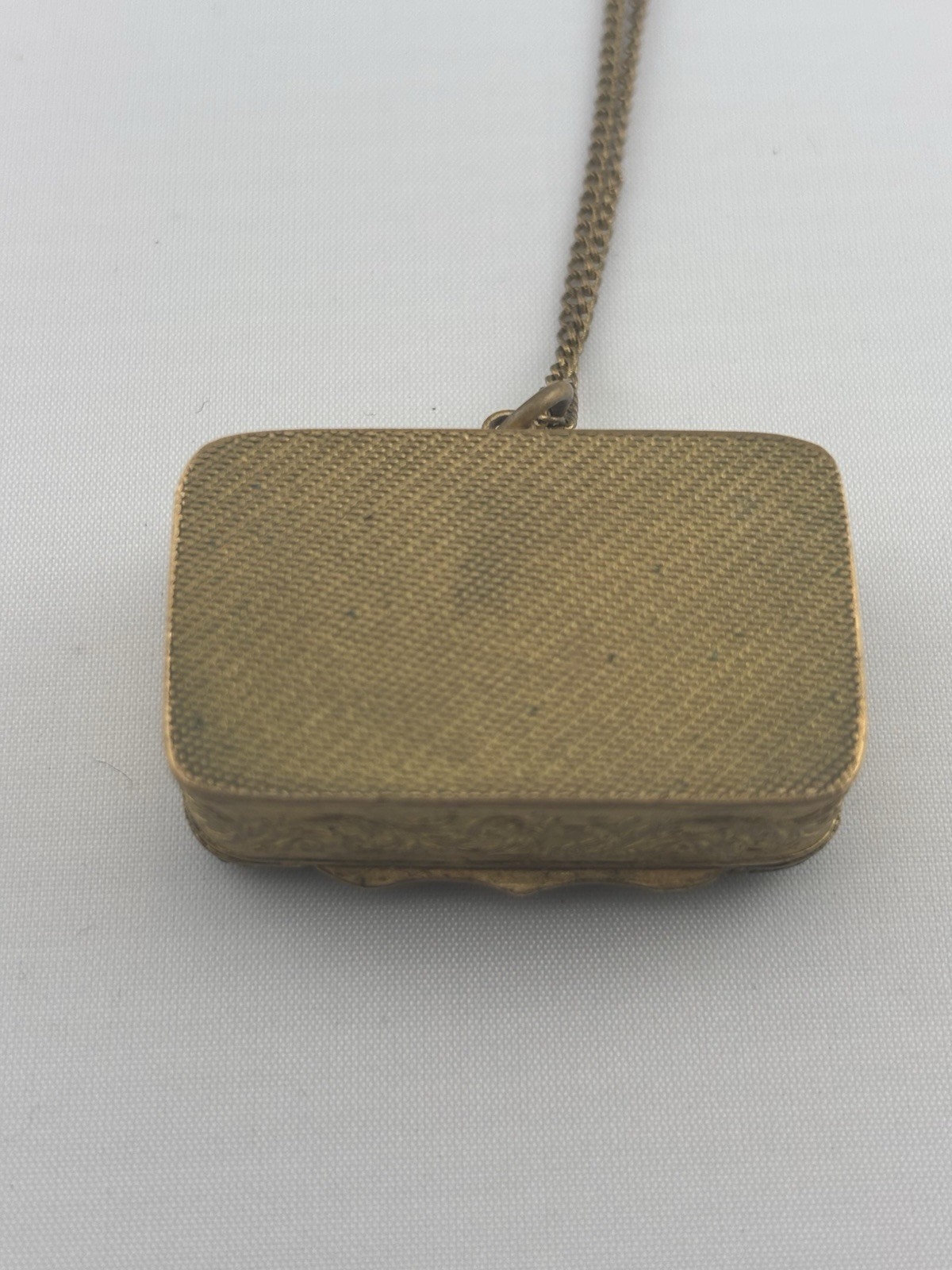 Antique 1900s Victorian Bronze Czech Glass Brass Compact Box Pendant With Chain