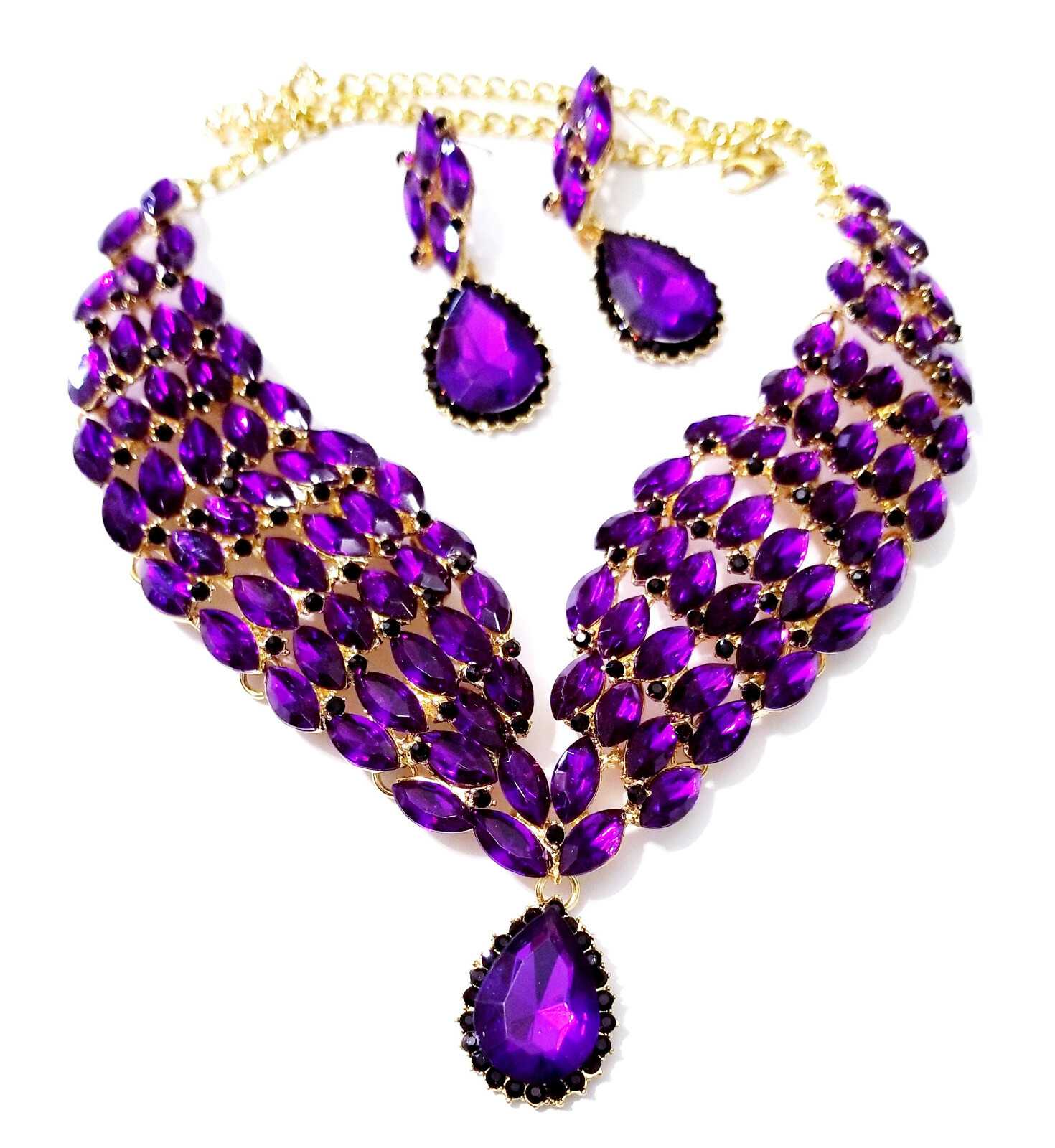 Choker Statement Necklace Earring Set Rhinestone Purple