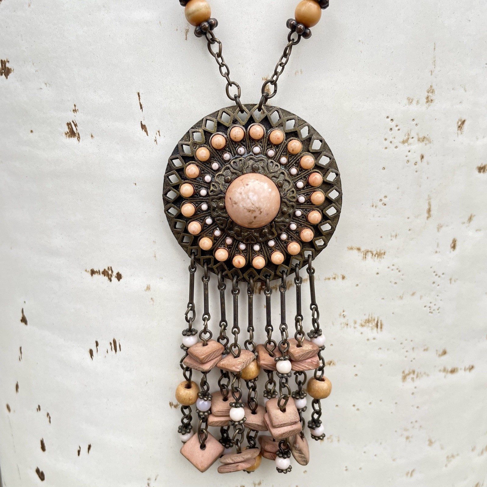 VTG VCLM Signed Boho Statement Medallion Necklace Peach Wood Bead Fringe Fringe