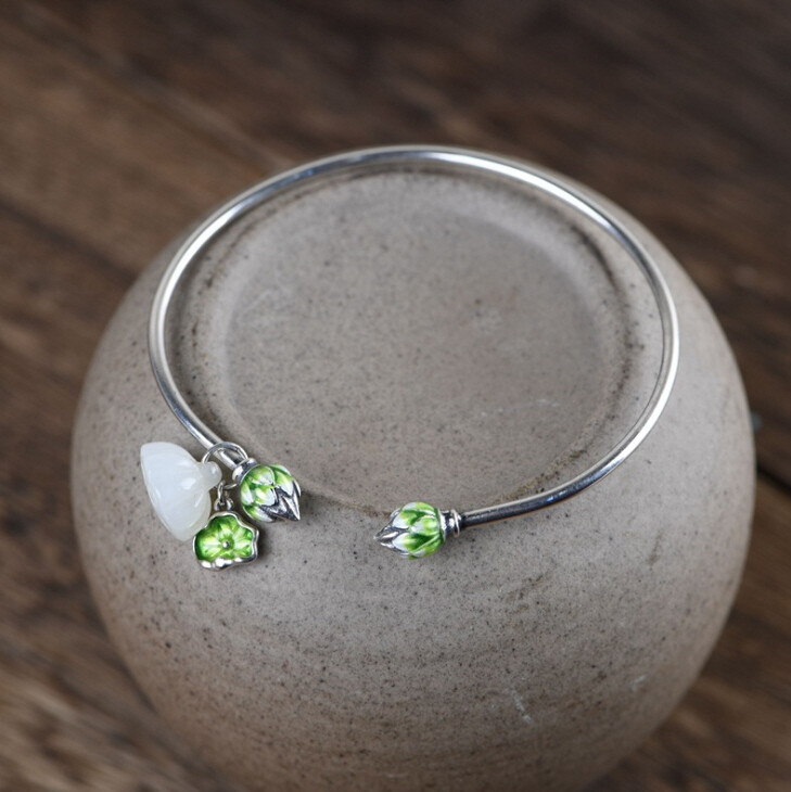 I05 Bangle Lotus Flower Leaf Bud Bright Jade Silver 925
