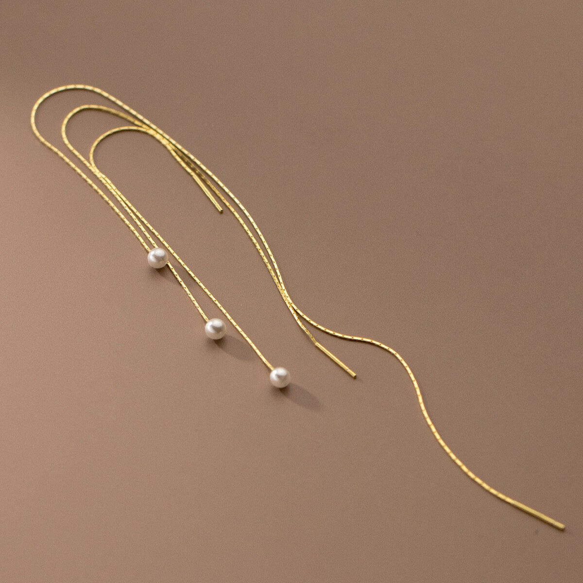 Sterling Silver Imitation Pearls Threader Pull Through Long Chian Earrings A4456