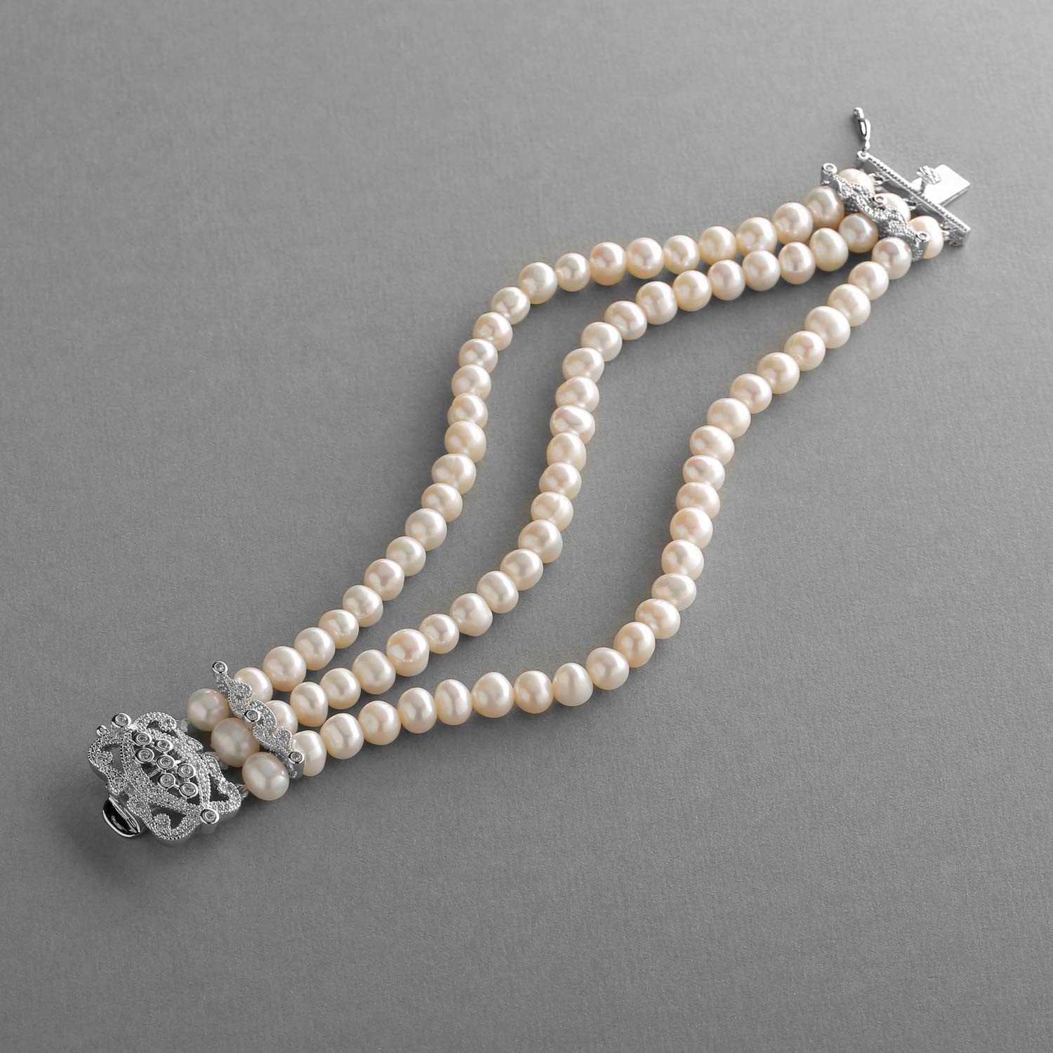 Genuine Freshwater Pearl 3-Strand Bridal Wedding Bracelet, CZ Safety Clasp, Gift