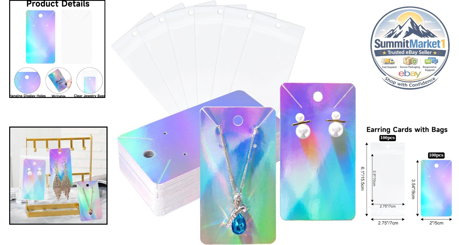 Necklace Display Cards 100Pcs Holographic Earring Cards 3.5×2 In