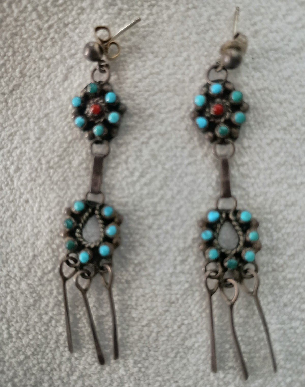 VNTG Mid 20th Century ZUNI TurquoiseCoral Cluster Dangle Drop Earrings Butterfly