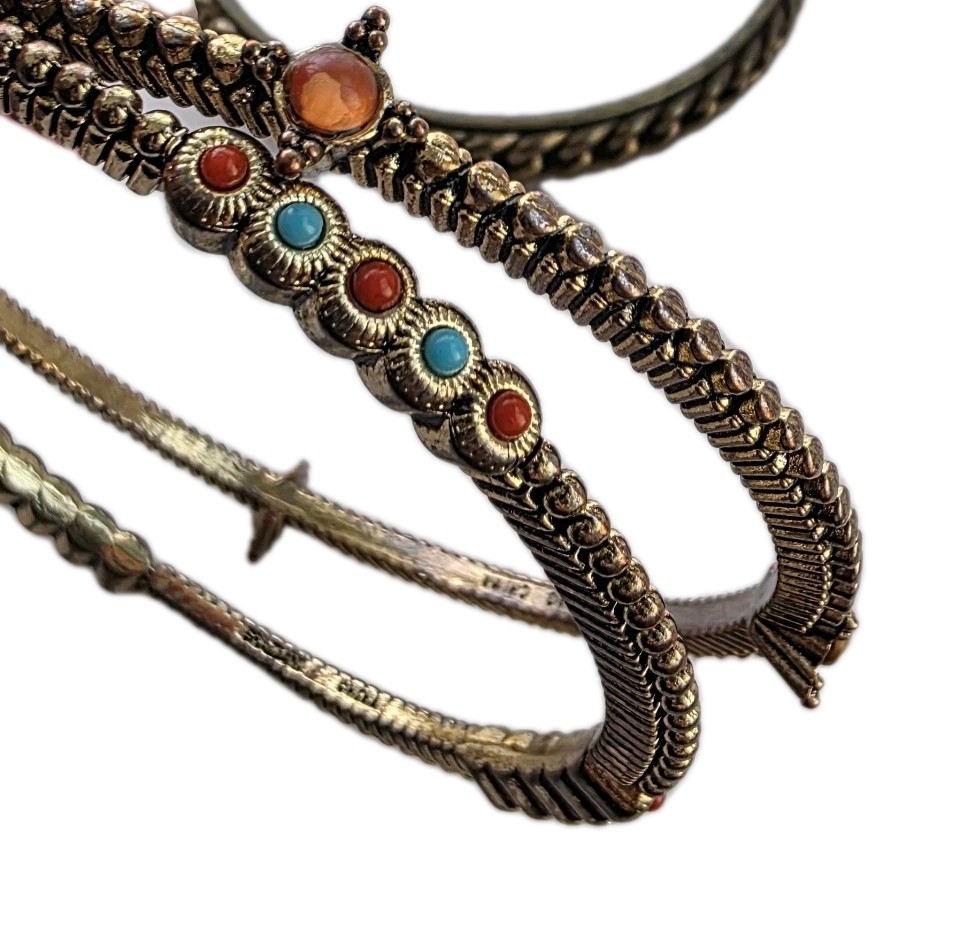 Graziano Italy Bangle Bracelet 2 Piece Set Statement Antiqued Gold With Stones