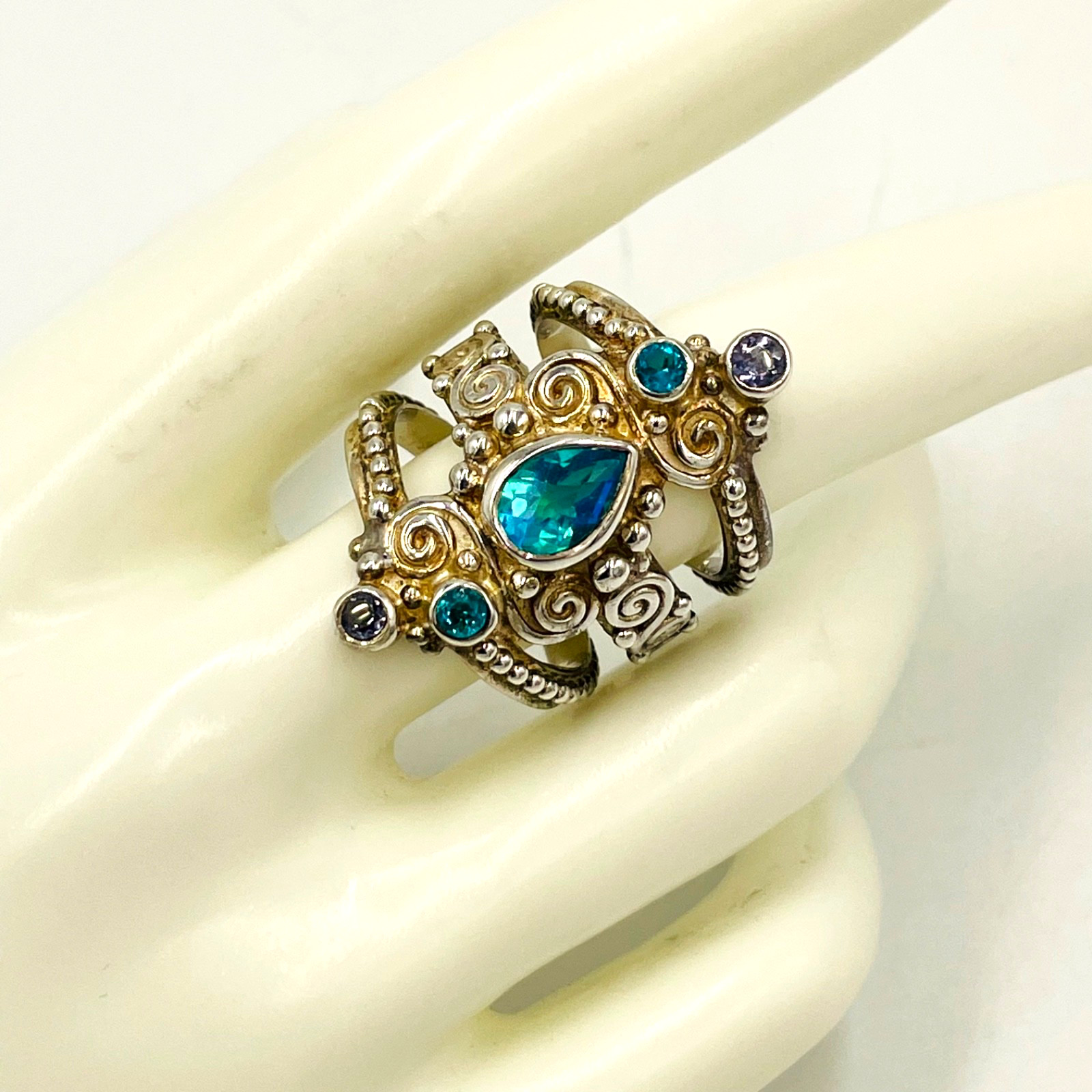 Sajen Mystic Fire Quartz Multi Gemstone 925 STS Adjustable Ring Sz 9 Boho Hippie