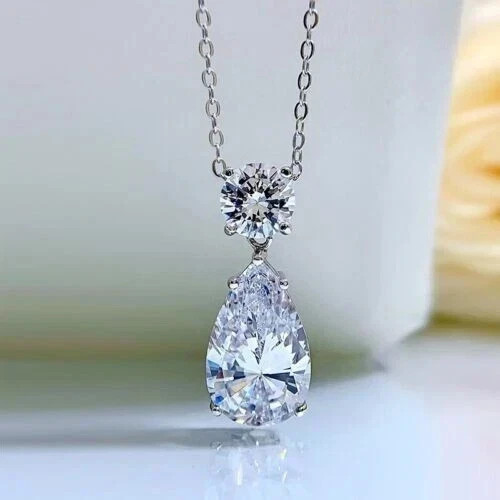2.5Ct Pear Lab Created Diamond Two Stone Charm Pendant 14K White Gold Plated 18″
