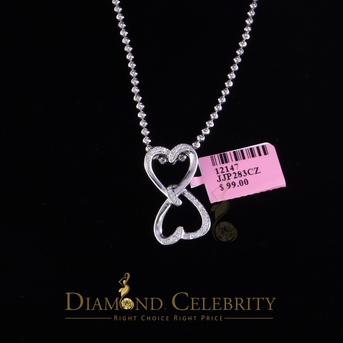 925 Sterling White Silver Pendant with Dual Heart Shape 0.00ct Cubic Zirconia