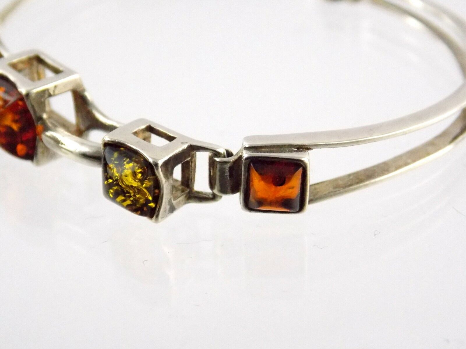 Sterling Silver Multi Color Amber Bangle Bracelet 925 7.75 In 13g Orange Green