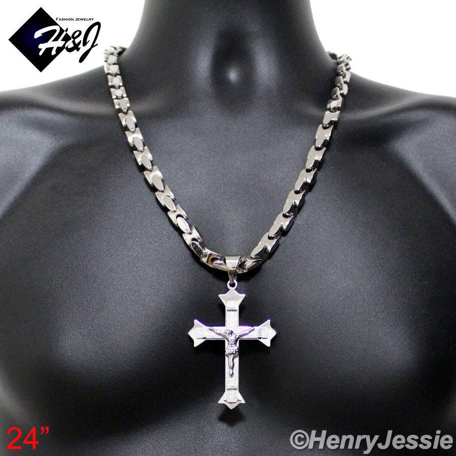 24″MEN Stainless Steel 8mm Silver Interlock Bone Chain Necklace Cross Pendant*MJ