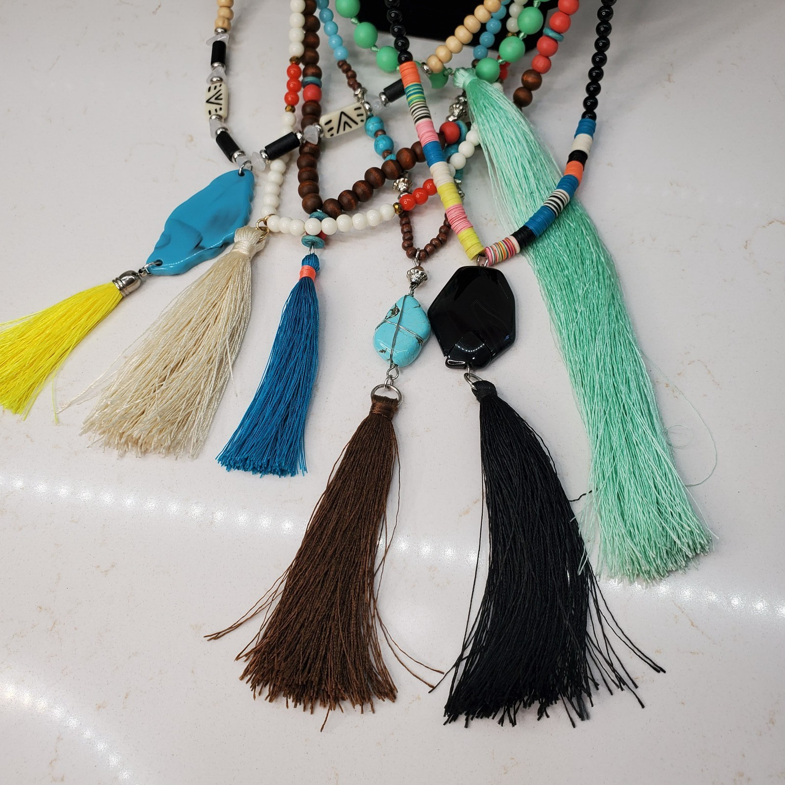 6 Beaded Tassel Necklaces – Wood & Faux Turquoise & Bone & Shell Multicolor Long