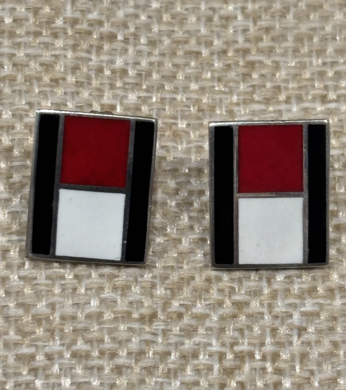 Sterling Silver Stud Earrings Enamel Black Red White Contemporary Design