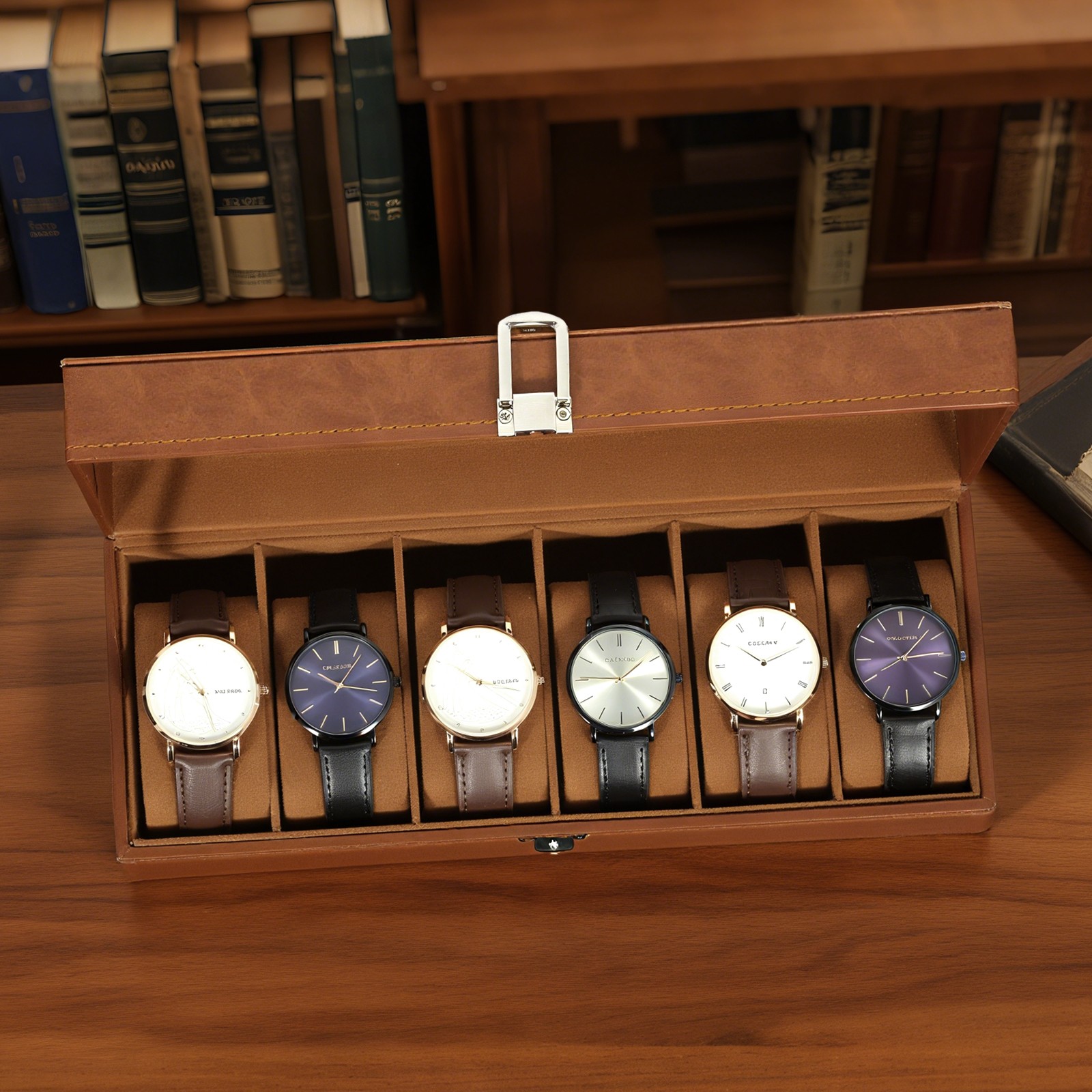 6 Slots Watch Box – PU Leather Case with Glass Lid, Display & Storage Organizer