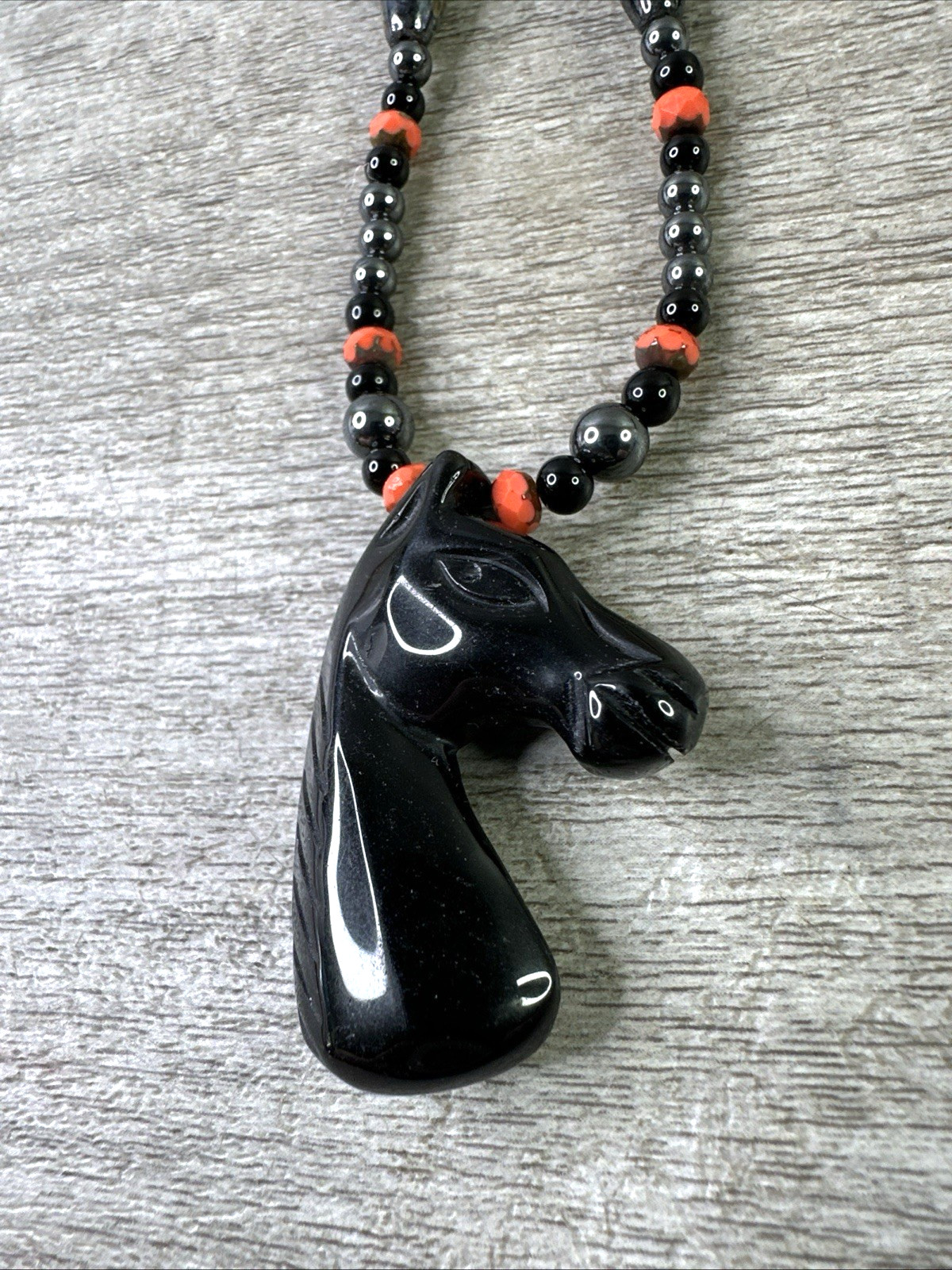 Artisan Handmade In MT Black Stone Horse Pendant Necklace 19″