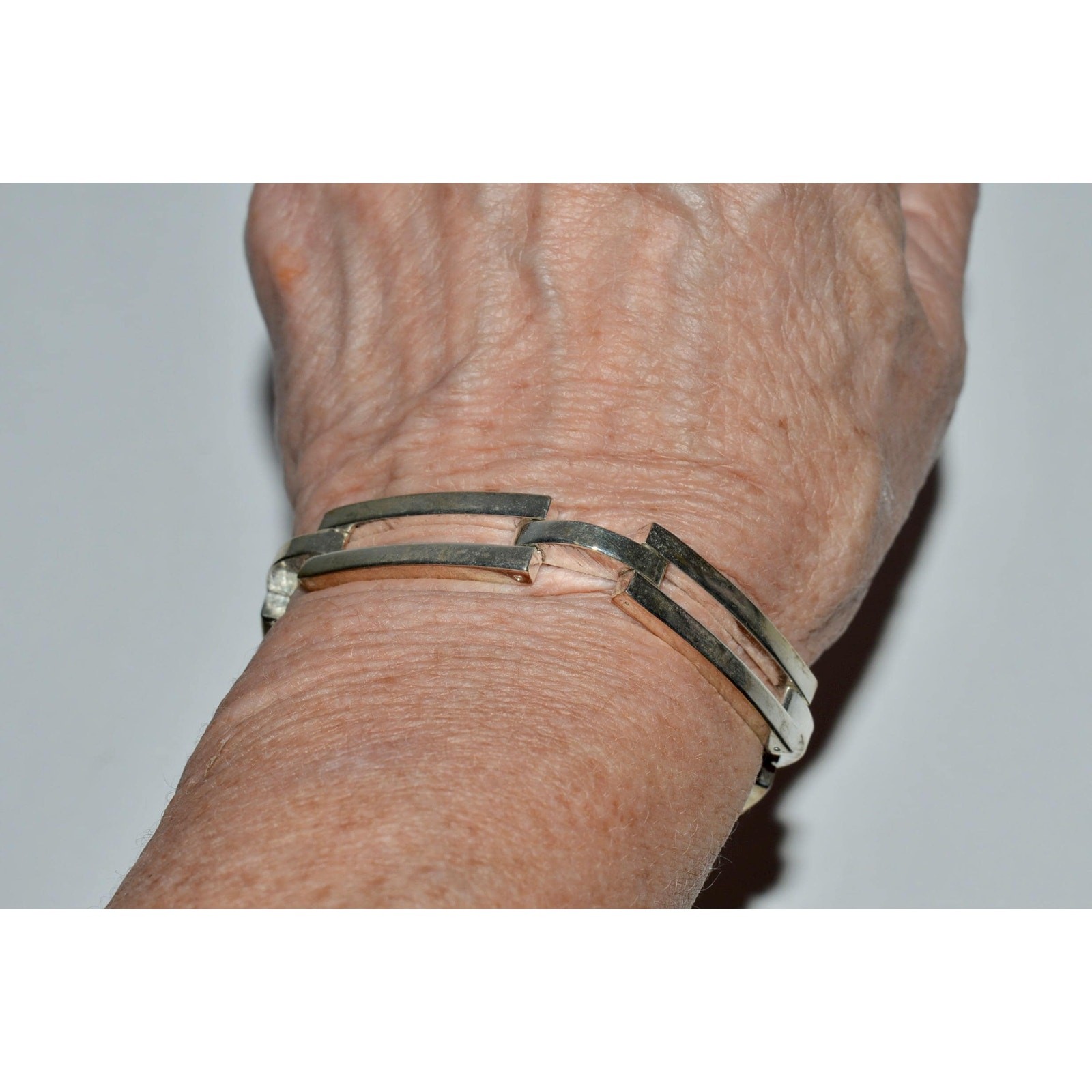 Sterling Silver Link Bracelet, Modernist 5 Link Bracelet Hidden Fold Over Clasp