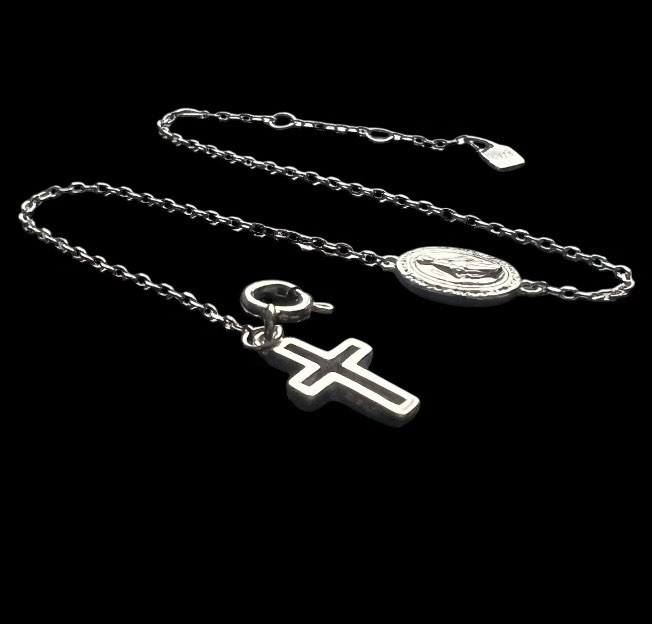Miraculous Medal Bracelet Sterling 925 Silver + Cross Charm Adjusts 13 – 16cm