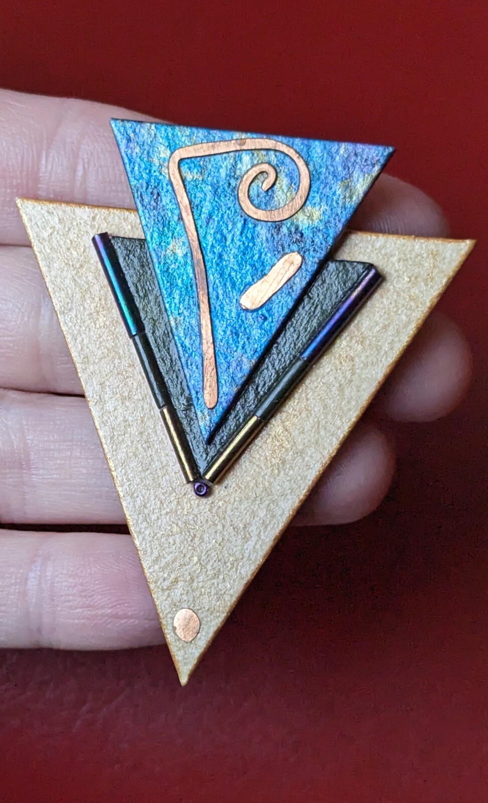 Artisan 3pc SET Gold Blue Green Paper Triangle Brooch & Earrings Modern Abstract