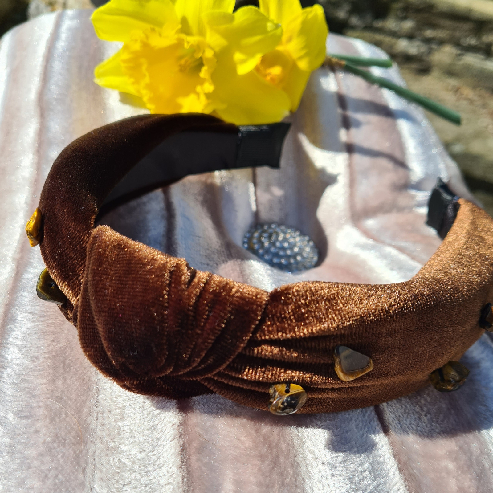 Brown velvet knotted headband with tiger eye chips
