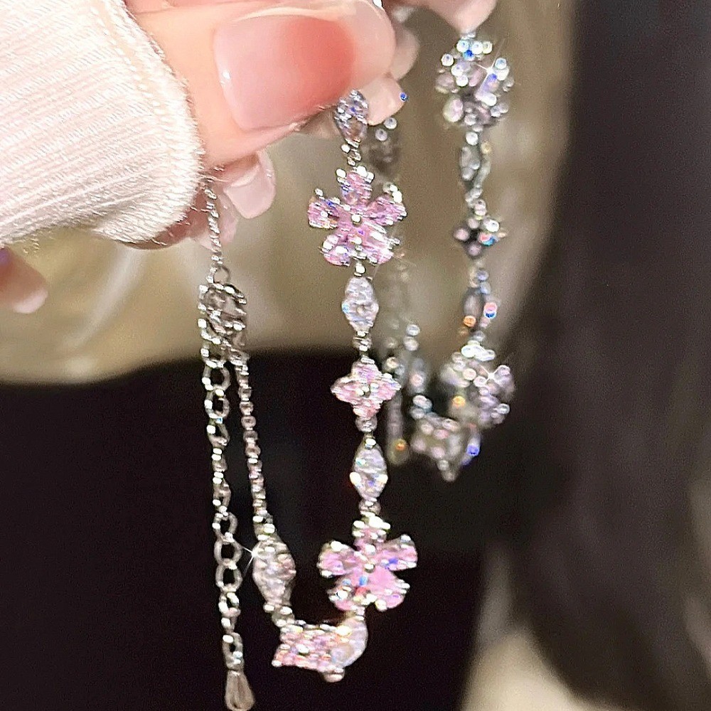 Zinc Alloy Rhinestone Cherry Blossom Pink Flower Bracelet for Women Girls Gift