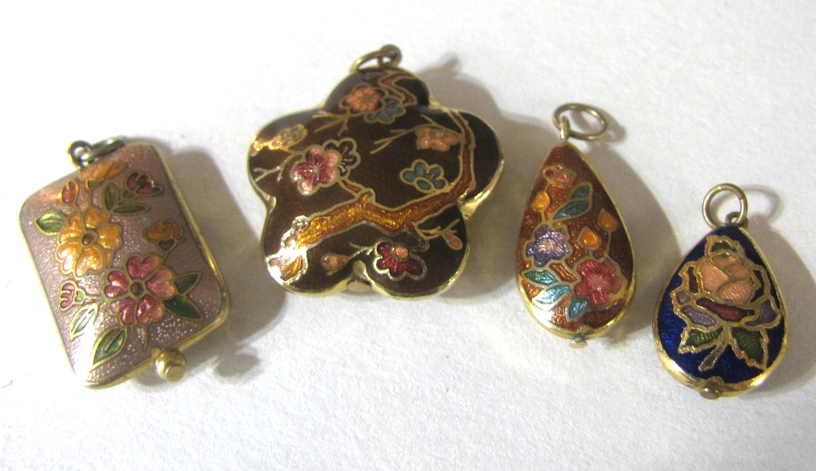 Vintage Cloisonne Pendant Lot 4 Floral Asian Charms Double Side Enamel Gold Tone