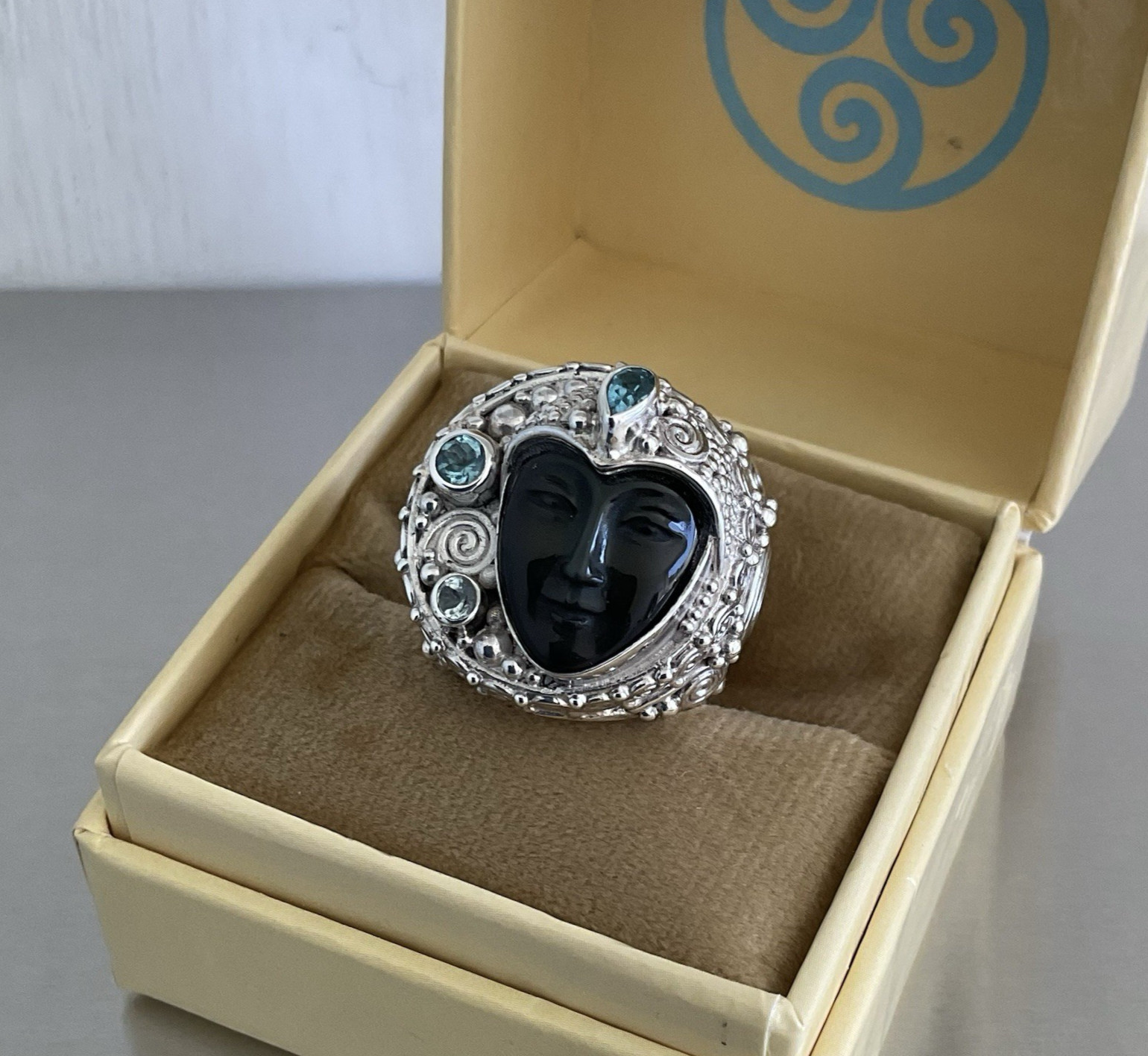 Sajen Carved Obsidian Goddess Face & Blue Topaz Ring 925 Sterling Silver Size 7