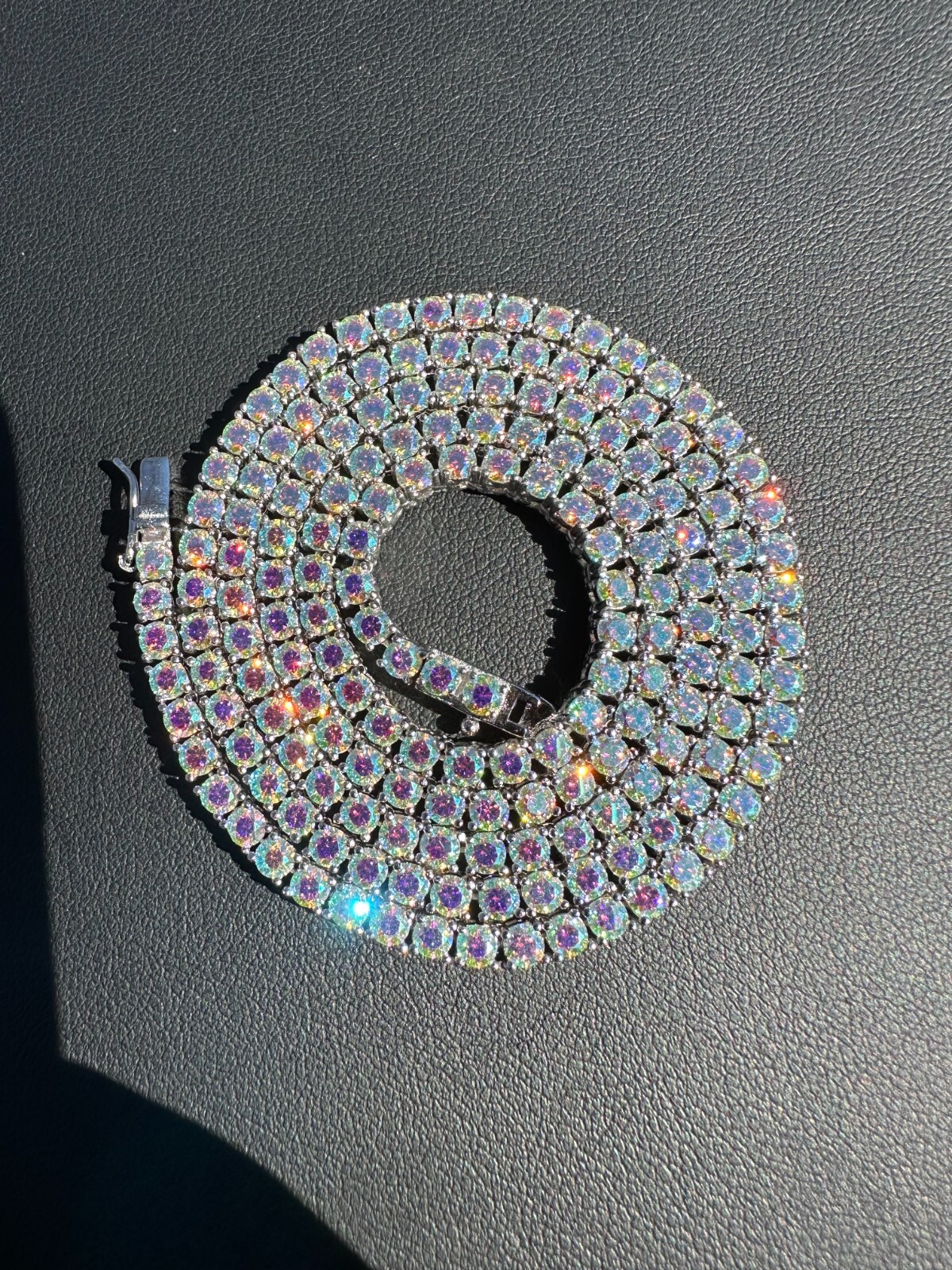 Real Opal Rainbow MOISSANITE 3mm Tennis Chain 925 Silver Iced Necklace Pass Test