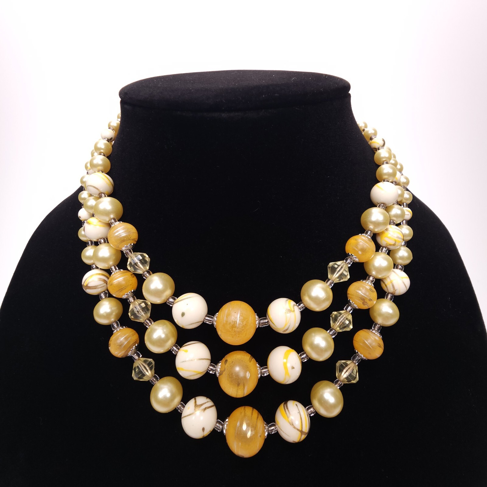 Vintage Beaded Necklace Japan Orange Cream Champagne Swirl Multi Strand Collar