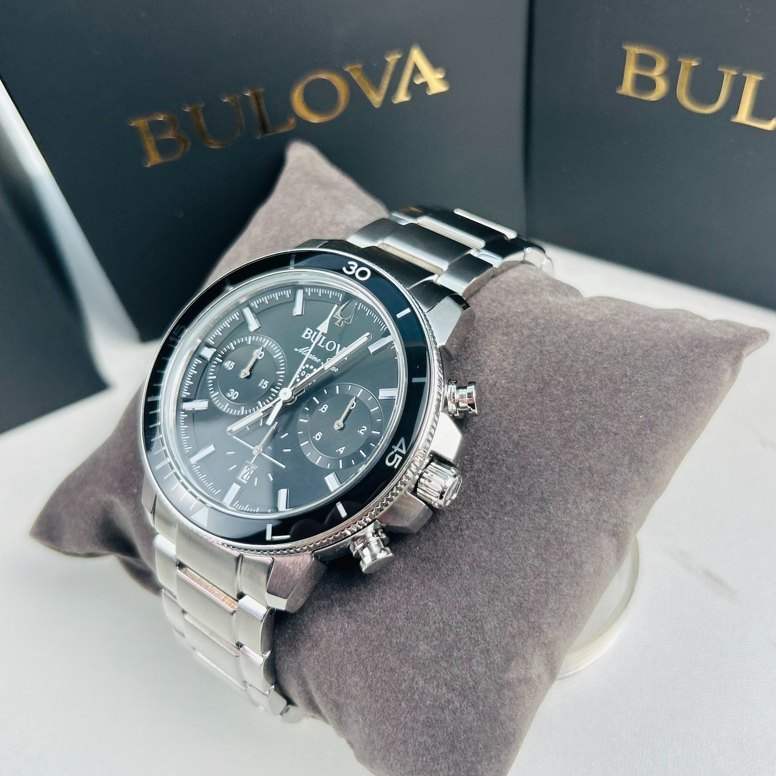 Bulova Men’s Marine Star 96B272 Black Dial Stainless Steel Quartz Watch New 45MM