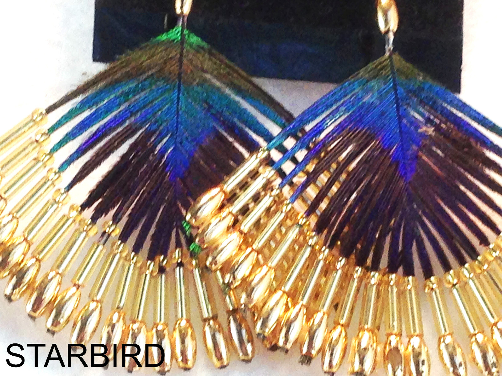 PEACOCK FEATHER GOLD OR SILVER BEADED EARRINGS 80’s VINTAGE