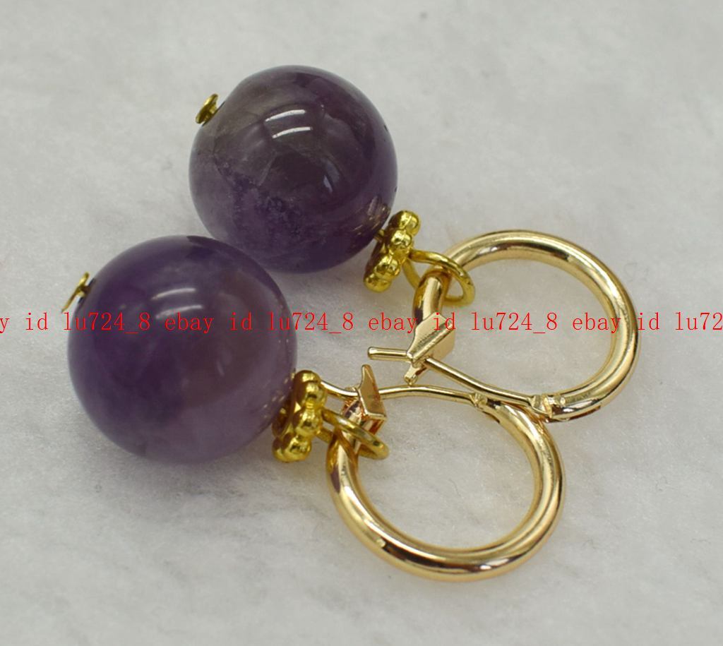 Genuine Noblest 14mm Amethyst Round Purple Gemstone Beads Leveback Earrings