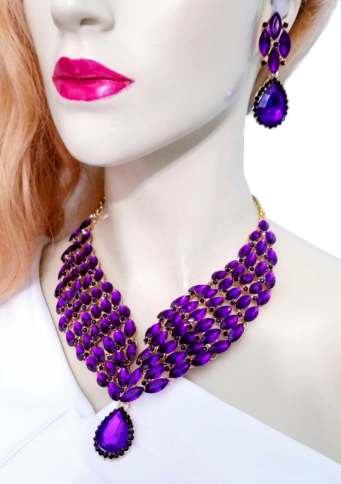 Choker Statement Necklace Earring Set Rhinestone Purple
