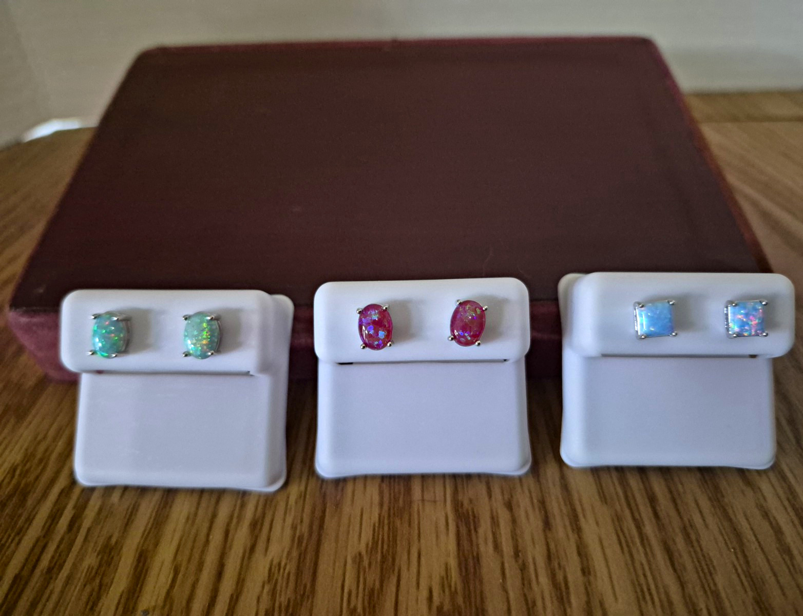 3-925 Sterling Silver Natural Blue Sq, Red OV, and Green Ov Opal Stud Earrings