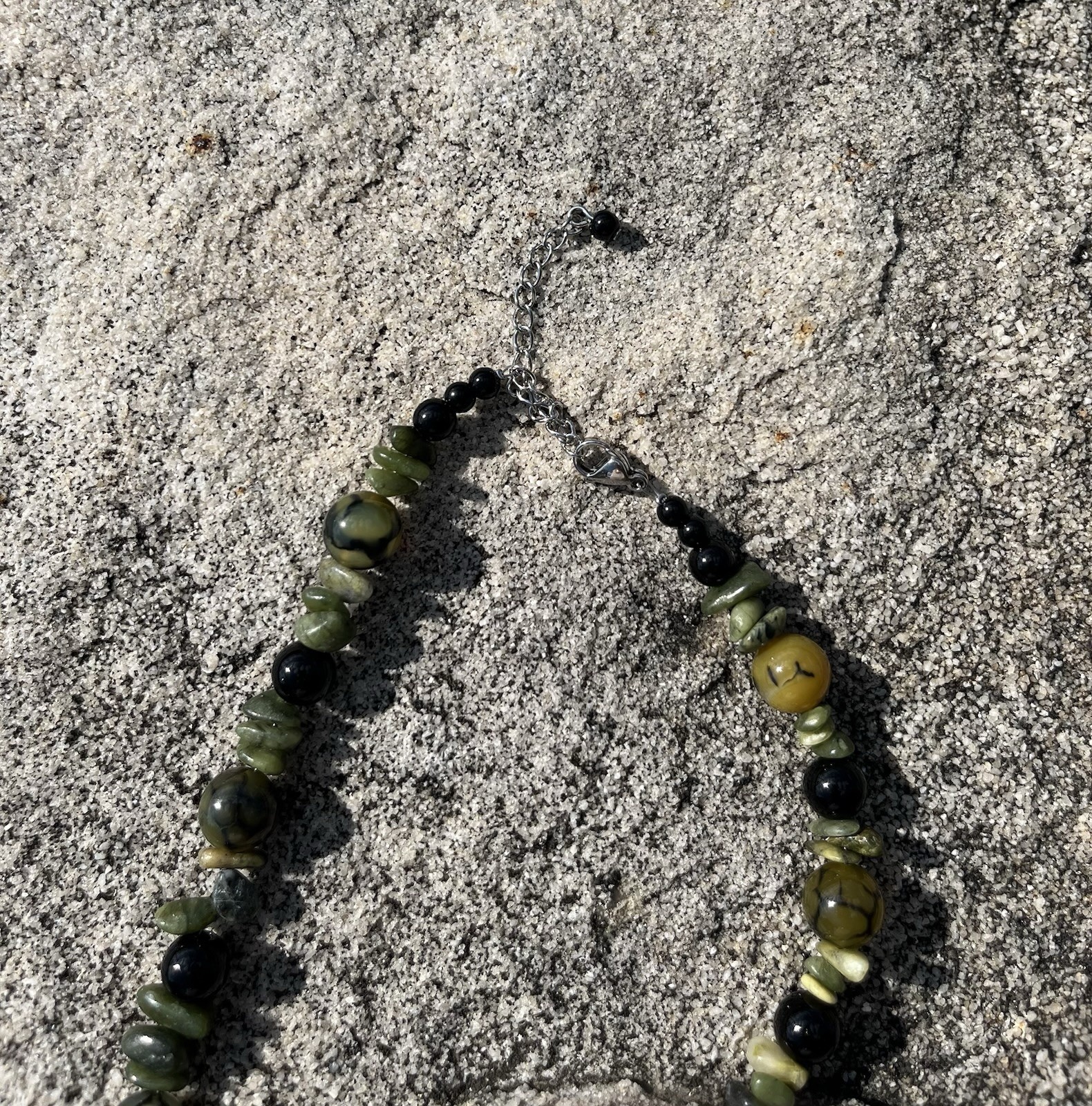 Mystic Dragon Vein Agate-Green Jasper & Obsidian Necklace 23” Olive Black 🐉NICE