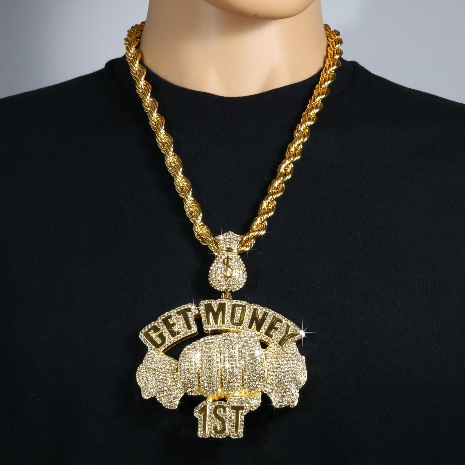 14K Rope Chain 10mm 24″ & 30″ | Get Bag Money Sign Gold Plated Men XXL Hip Hop