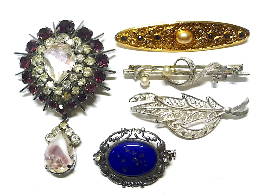 Love Brooches? 5 Vintage Brooches-3 Bar Brooches, 1 Large & 1 Mixed Period Style