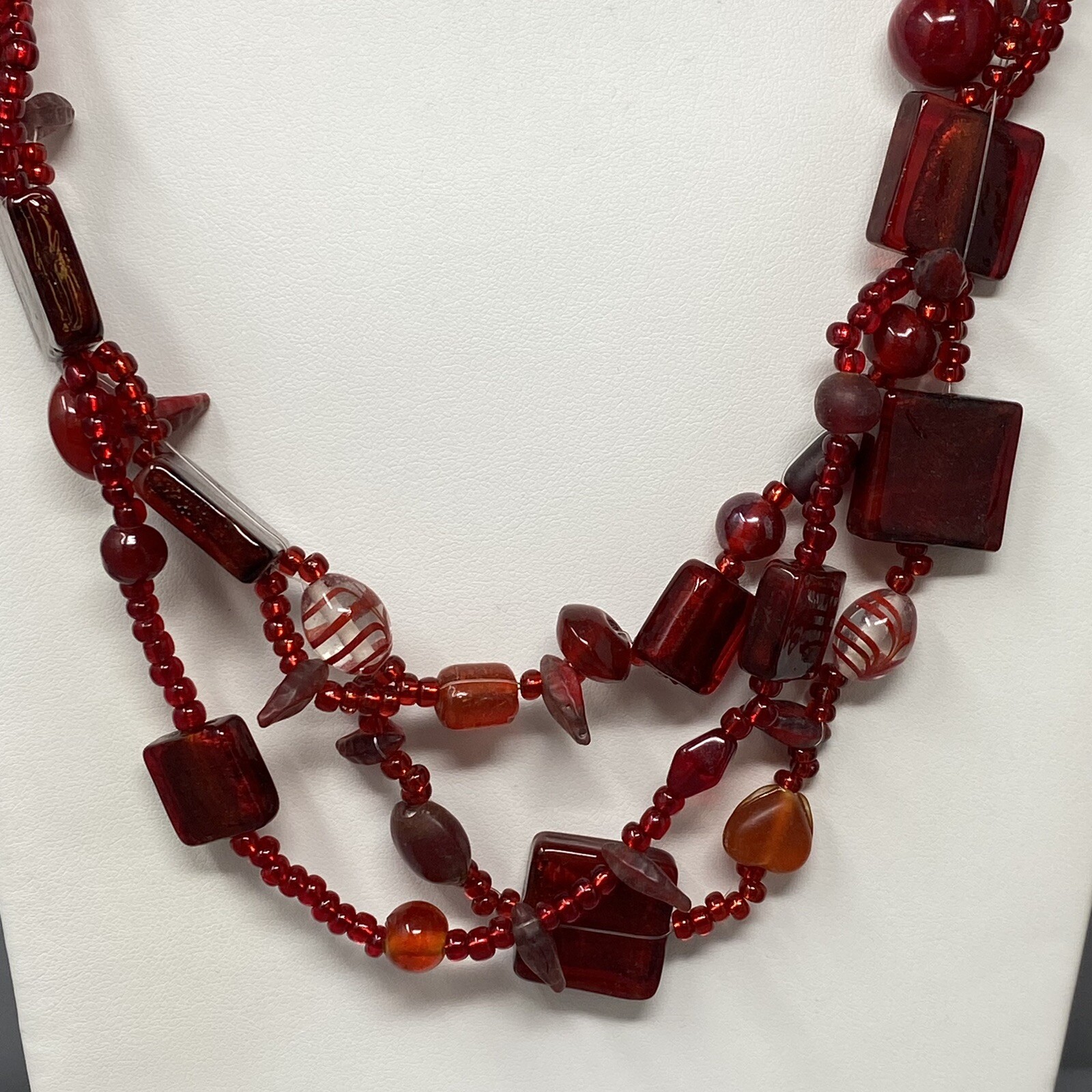 VTG Boho Glass Necklace Red Burgundy Glass Beads Czech Dichroic Frost Molded 24″