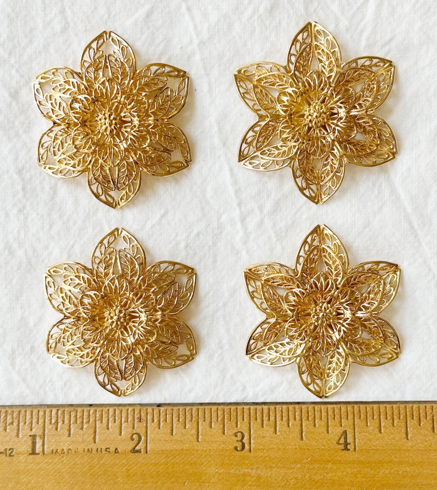 Jewelry Stamping – Set of raw brass filigree flowers w/14K gold plate – 4 pcs.