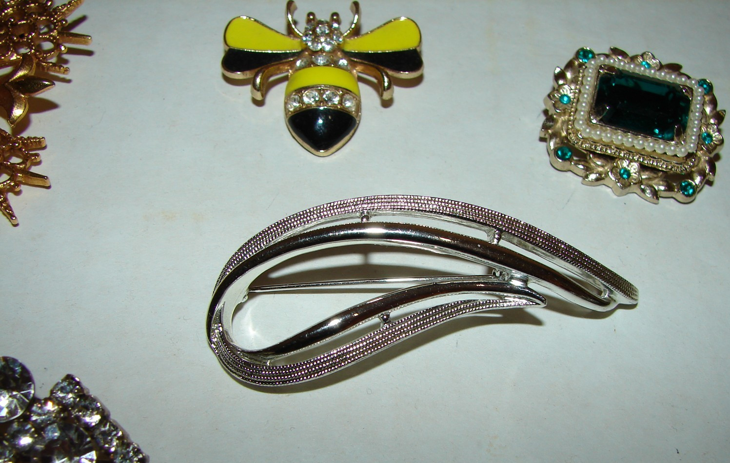 Vintage Lot 7 Brooches One Designer Signed Sarah Cov. Rhinestones and Faux Pearl