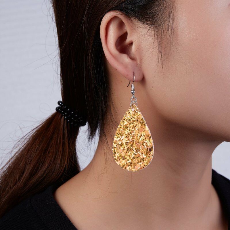 Fashion Jewelry Orange Glitter Faux Leather Fabric Teardrop Hook Dangle Earrings