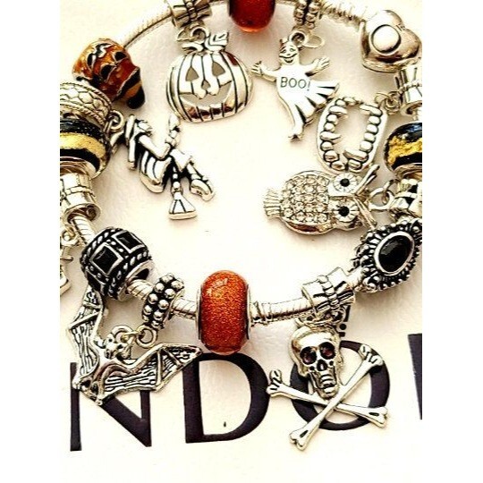 PANDORA GOTHIC HALLOWEEN Charm Bracelet .925 Sterling Silver Bat Skull Witch Te