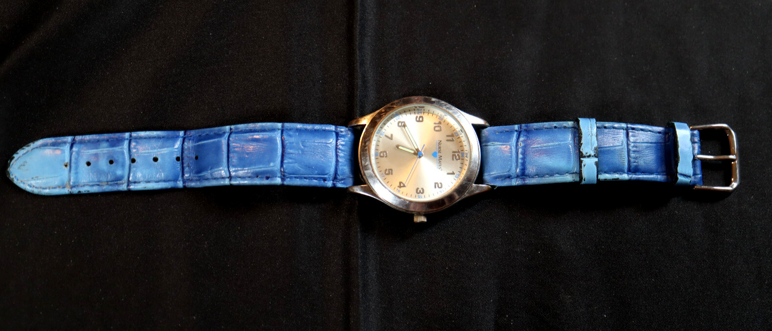 Nurse Mates Watch Women Silver Tone Round Dial with Blue Leather Band