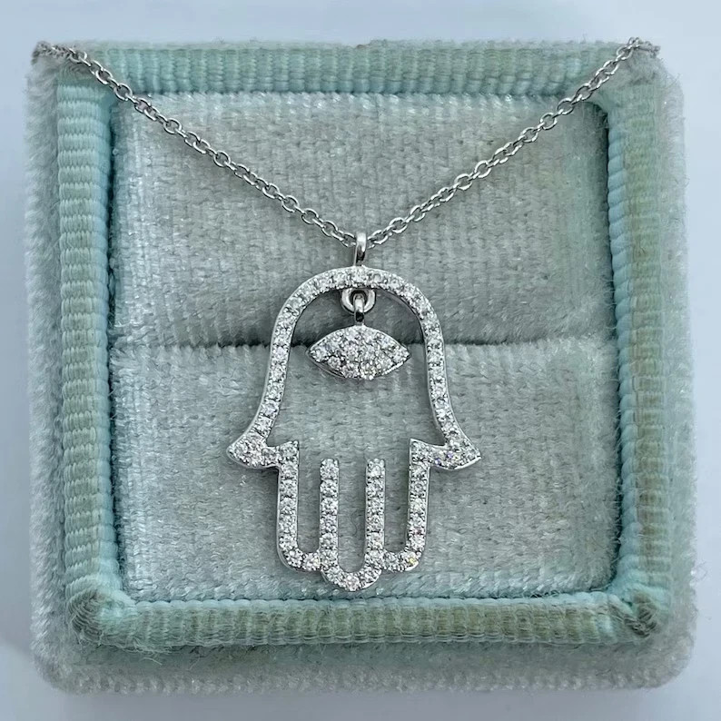 1.20Ct Round Cut Real Moissnite Hamsa Hand Pendant 14K White Gold Plated