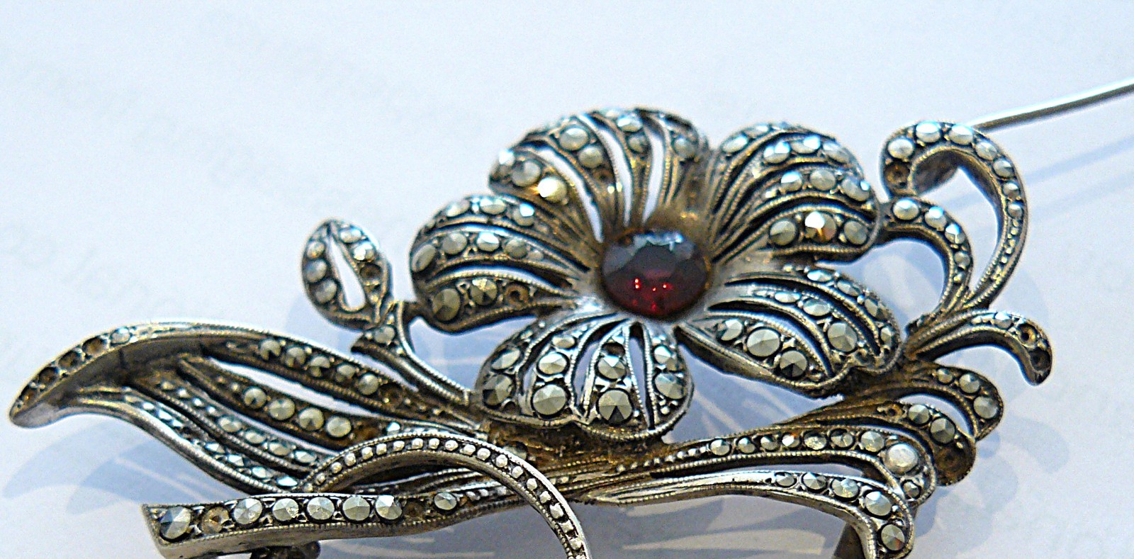 Antique sterling silver marcasite floral brooch garnet centre Art Nouveau 24g