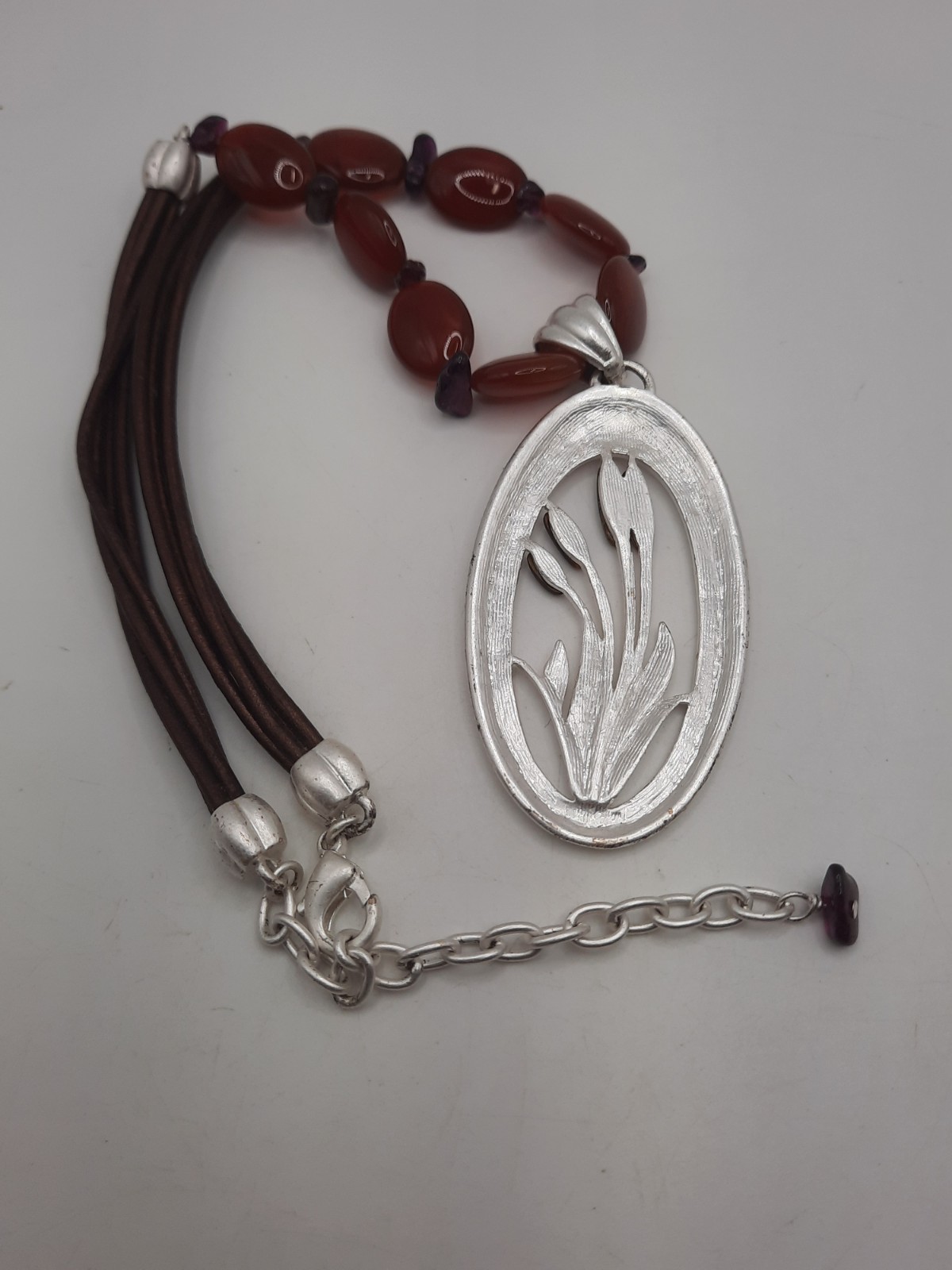 Cattail Pendant Necklace Tigers Eye Carnelian & Garnet Leather Cord 16-18.5″