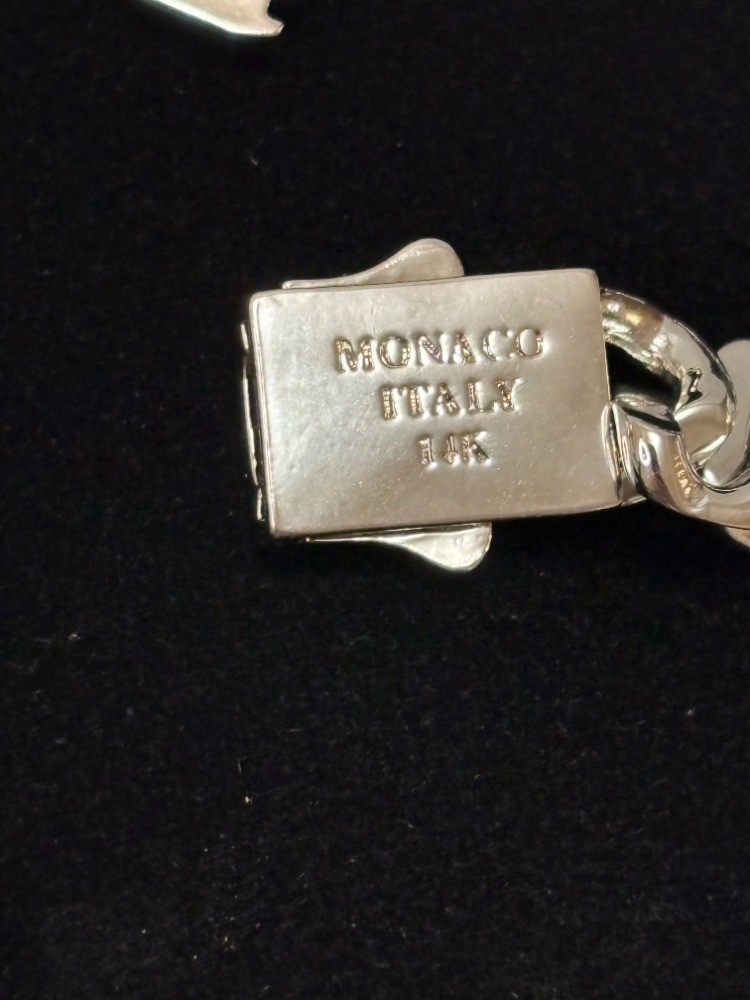 14k White Gold- Iced Monaco Cuban Bracelet with a Box Lock Clasp, 8 inch New